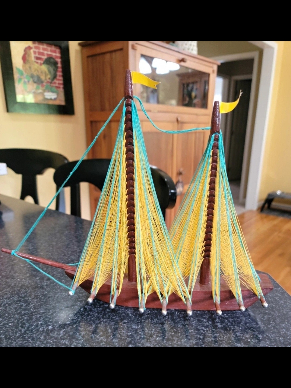 Handcrafted Yellow and Teal String Sailboat Home Accent